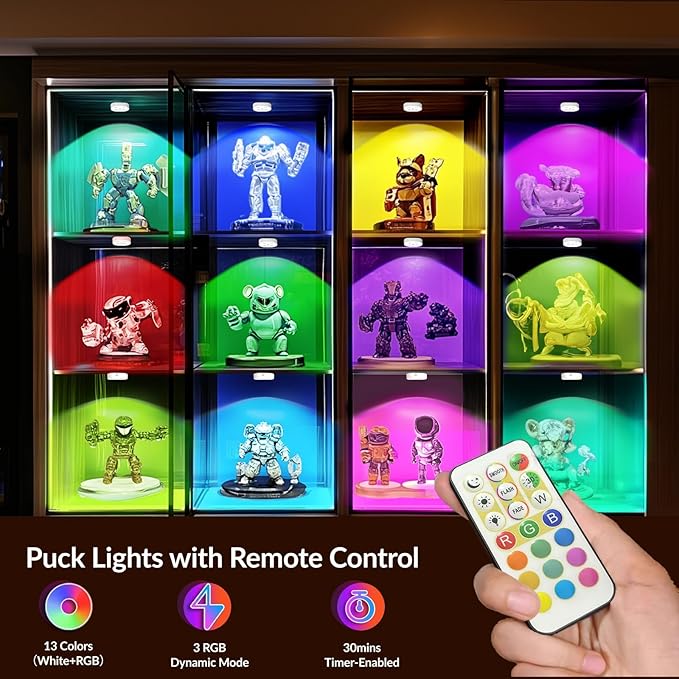 Puck Lights with Remote, 13 Colors Rechargeable Night Light, 1500mAh Under Cabinet Motion Sensor Lighting with Multicolor and Timing Function, RGB Puck Lights for Cabinets Kitchen, Stairs (4P）