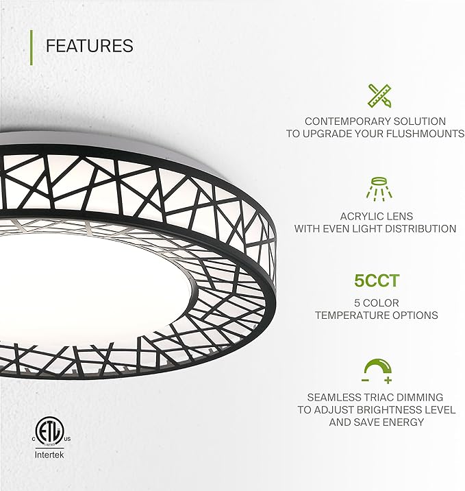 ASD 12 Inch LED Flush Mount Ceiling Light Fixture for Bedroom, 20W 1113LM 5CCT 2700K-5000K, Triac Dimmable Lights, Dining, Living Room, Kitchen Lamps, Modern Home Lighting Fixtures, Black, ETL, 4 Pack