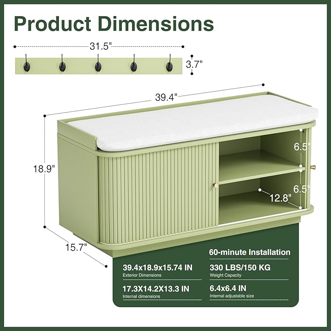 Hall Tree with Bench and Shoe Storage, Entryway Bench with Sliding Door Cabinet, Removable Padded, Metal Wall Hooks and Adjustable Storage Compartments, for Entry, Hallway, Living Room, Green