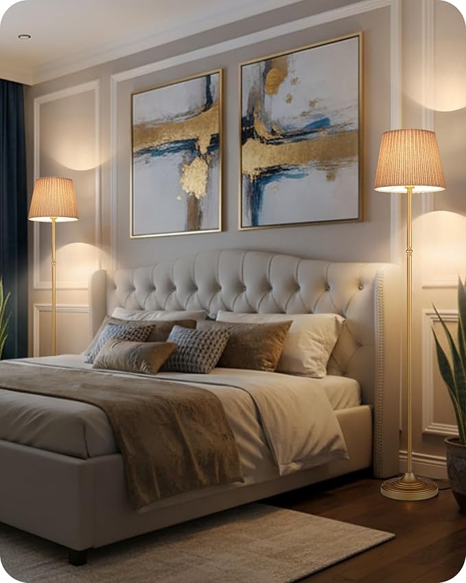 Dimmable Floor Lamp for Living Room, 68" Tall Standing Lamp, Reading Light with Remote & Foot Pedal, 10W LED Bulb (3000K-6500K) Included, FCC Listed, Reinforced Base, Gold and Beige DE12LD05