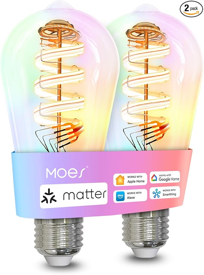 MOES Matter WiFi ST64 Edison Smart Bulbs, Color Changing Light Bulb, 16 Million RGB Colors & Tunable White, Works with Apple Home, Alexa, Google Home, E26 Dimmable 5W (40W Equivalent), 2-Pack