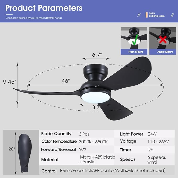 46 Inch Flush Mount Ceiling Fan with Light, 3 Reversible Blades, Remote & APP Control, 3 CCT Dimmable for Bedroom Living Room, Black