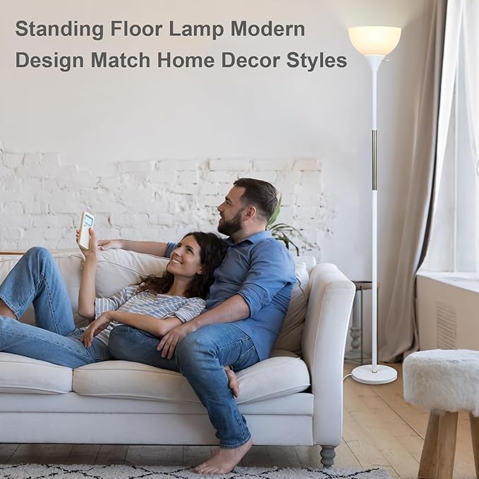 Floor Lamp, LED Standing Lamp 3 Way Dimmable Brightness Floor Lamp Rotary Switch Floor Lamps Modern Industrial Lamp with Shade, Tall Lamps for Living Room Bedroom Office Dining Room (White)