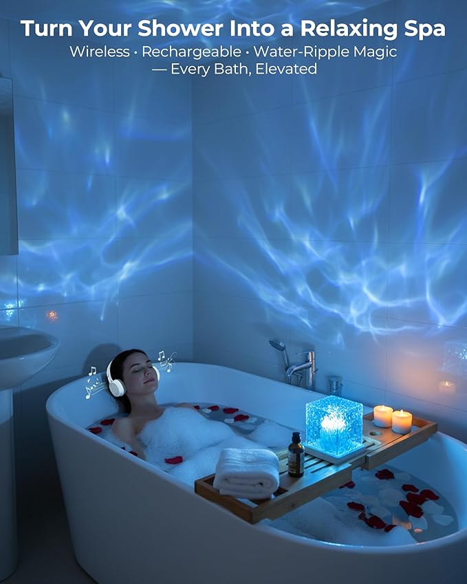 2-Pack Rechargeable Shower Lights, 16 Color Ocean Wave Projector Light Cordless, Waterproof Shower Mood Lighting with Remote, Spa-Like Relaxing Water Ripple Projector Light for Bathroom Bedroom