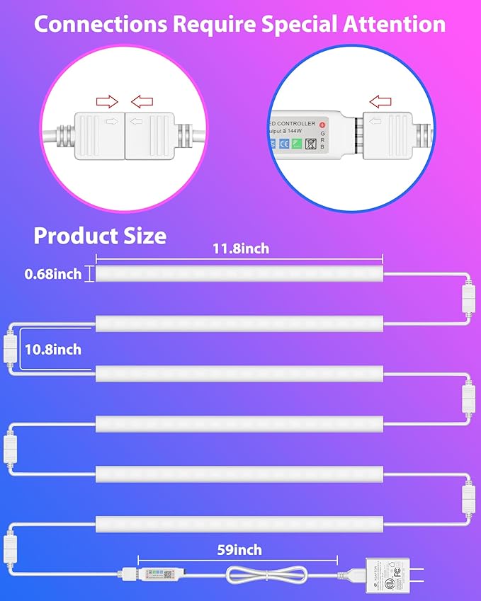 ASOKO 300 Lumens RGB Under Cabinet Lights - 6 Pack, 12-inch Linkable LED Strip Lights with Music Sync, APP & Remote Control for Ambient Room Decor