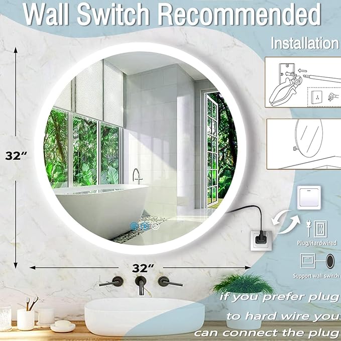 32 Inch Backlit LED Round Mirror with Lights 3 Color Adjustable Brightness AntiFog Frameless 32" Round Circle Lighted Vanity Mirror for Bathroom Wall Circle Rounds Light up Smart Mirrors