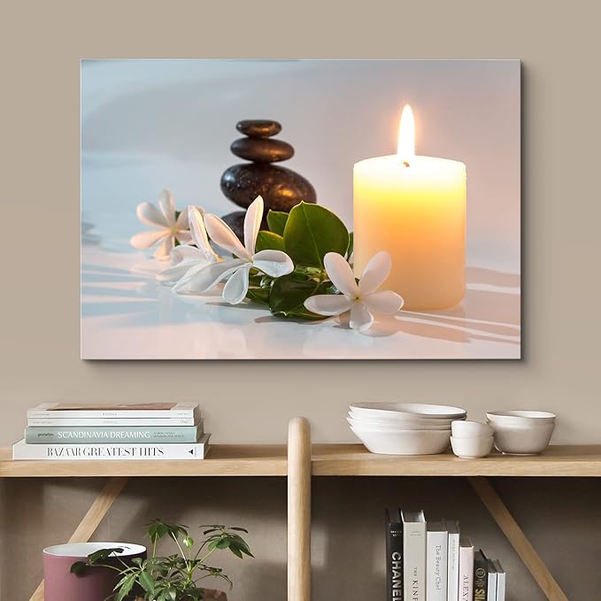 wall26 Canvas Print Wall Art Tiare Flowers with Candle and Zen Stone Nature Wilderness Photography Chic Scenic Colorful Rustic Ultra for Living Room, Bedroom, Bathroom, Office - 12"x18"