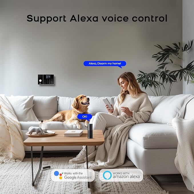 PGST Alarm System,Wireless Home Security Systems with Door Open Alarm Sensors,Motion Sensors,Loud Siren,Remote,Compatible with Alexa&Google for Villa,Apartment,Cabage,No Contract Fee (A108F-US-A)