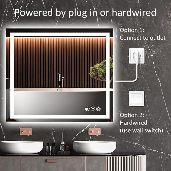 LED Bathroom Mirror 28x36 Inch Anti-Fog Bathroom Mirror with Lights, Wall Mounted Lighted Vanity Mirrors, Dimmable, Backlit + Front Lit, Smart Bathroom Vanity Mirror with 3 Colors Temperature