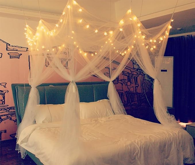 Comtelek 8 Corner Bed Canopy with 100 LED Star String Lights Battery Operated, White Bed Netting Unique Style 4 Door Square Canopy Bed Curtains Canopy - Suggested for Twin Full Queen King Bed