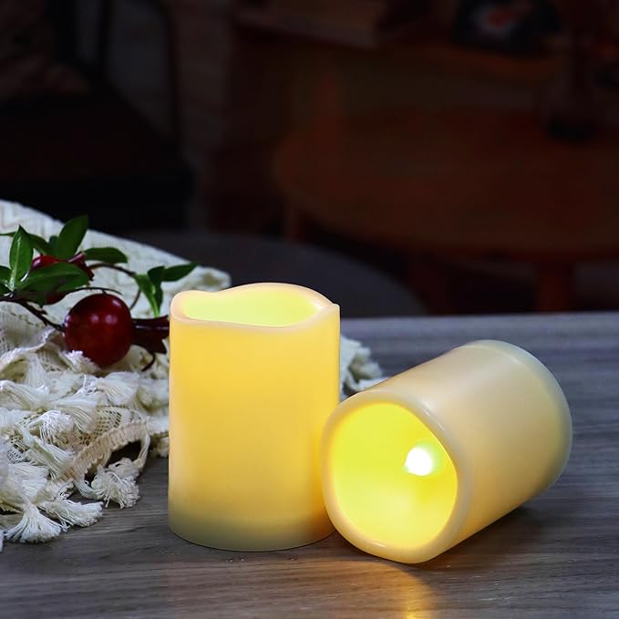 Waterproof Outdoor Battery Operated Flameless Candles with Auto Timer Flickering Plastic Resin Electric LED Pillar Lights for Lantern Patio Garden Wedding Party Decorations 3x4 Inches 2 Pack White