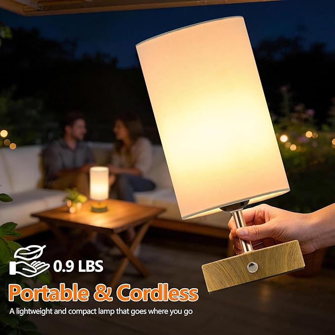 2-Pack Rechargeable Table Lamps, Cordless Bedside Lamps with Stepless Dimming, Portable 6000mAh Battery Operated LED Desk Lamps, Wireless Lamps with Wood-Grain Base, Modern Night Light for Bedroom