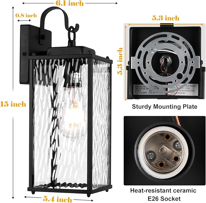 Outdoor Lights for House with Water Ripple Glass Modern 2-Pack, IP65 Waterproof Porch Lights Outdoor Wall Sconces Matte Black Patio Garage Coach Lighting Exterior Lanterns Wall Mounted, 15"