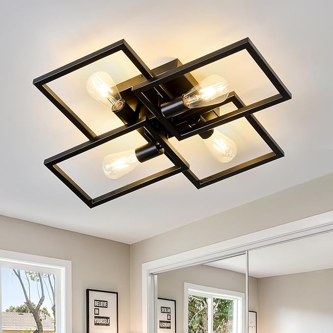 ASGYISA Black Industrial Semi Flush Mount Ceiling Light Kitchen Light Fixtures 4-Light Modern Large Matte Sputnik Chandelier for Dining Room Bedroom Farmhouse Living Room
