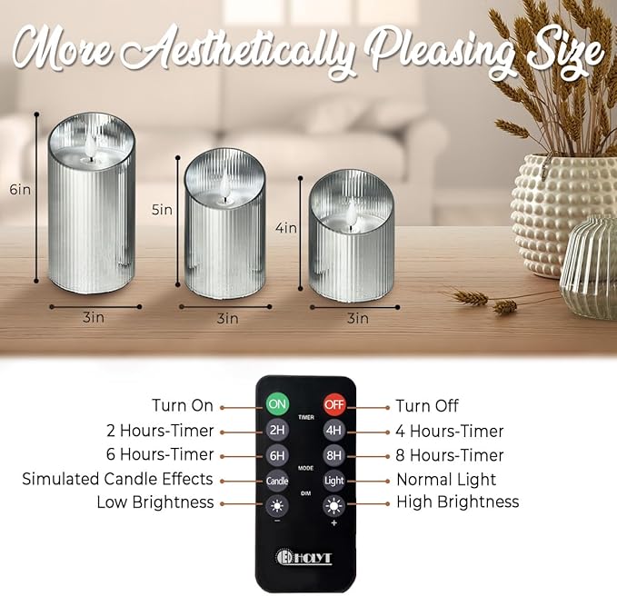 Rechargeable Flameless Candle, Flickering LED Pillar Glass Fake Candle with Remote and Timer, Built-in Battery Real Wax Electronic Candle for Room Decoration, Set of 3