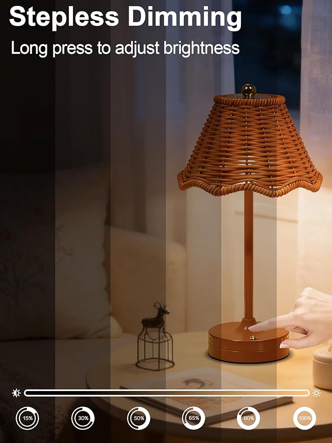 Cordless Table Lamps,Rechargeable LED Reading Light,Small Desk Lamp with 3 Color Touch Control,Vintage Boho Lamp,Dimmable Night Light for Living Room Bedroom Office Decor (2 Pack)