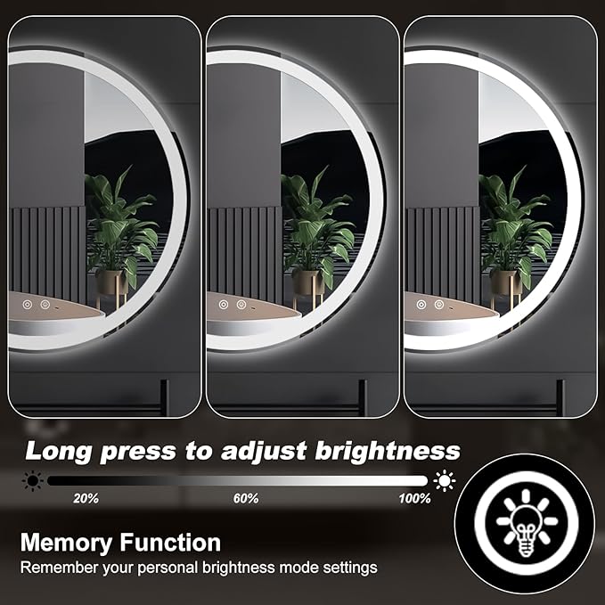 Sweetcrispy 24 Inch Round LED Bathroom Mirror with Lights, Circle Vanity Mirror with Anti-Fog, Dimmable, 3-Color Light, Memory Function, Tempered Glass