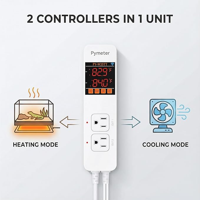 WiFi Temperature Controller with Dual Probes, Smart Digital Thermostat with Two Outlets for Reptile Heat Mat, Greenhouse Seedlings, Homebrew Fermentation, Cooling Fan, Remote App Control