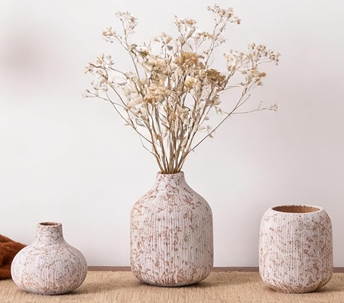 Modern Ceramic Vases Set 3, Stone Style Ribbed Vases Decorative for Table Shelf Decor Bookshelf Decoration