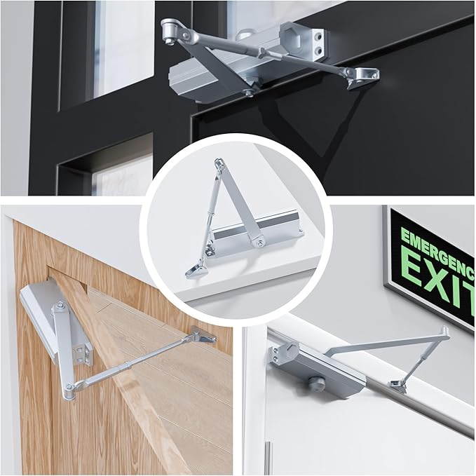 Automatic Door Closer, Self Closing, Adjustable Grade 3 Spring Hydraulic, UL 3 Hour Fire Rated, Medium Duty, Half Million Cycles, Residential and Light Commercial Use, Silver Aluminum