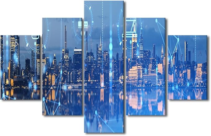 Wall Art for Home New York Cityscape Student Bedroom Canvas Decor 5 Panel Urban Skyline Poster Modern Advanced Smart City Picture Communication Network Canvas Art Stretched Ready to Hang 60x40 Inch