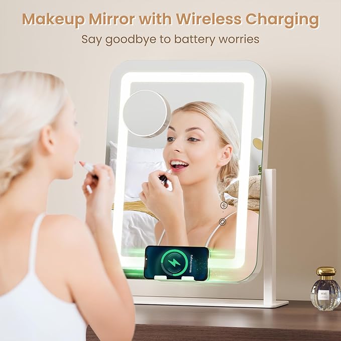 Dripex 5-in-1 Lighted Vanity Mirror with Bluetooth Speaker & Wireless Charging, 15"x12" LED Makeup Mirror with Lights 3 Colors Dimmable, Phone Holder Touch Keys 10X Magnification