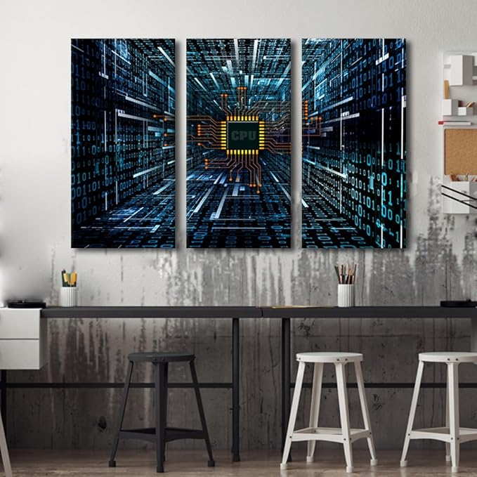 3 Panel Canvas Wall Art for Bedroom Computer Chip Wall Art for Living Room CPU Concept Wall Art Decor Electronic PC Abstract Artwork Rustic Decor for Home Walls Giclee Framed Ready to Hang(28"Wx42"H)