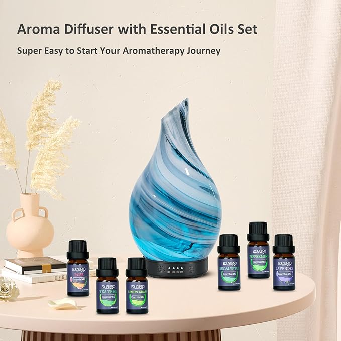 Essential Oil Diffuser Aromatherapy Diffuser - Art Glass Oil Diffuser with Auto Shut-Off Protection 4 Timer Setting 7 Colors Changed LED Night Light for Home Office Decor Gift (Diffuser&Oils Set)