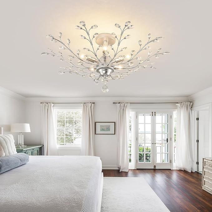 CVKASH 5-Light Vintage Small Crystal Chandelier Modern Silver Branche Ceiling Light Fixture Farmhouse for Kitchen Dining Room Living Room Bedroom Hallway Foyer
