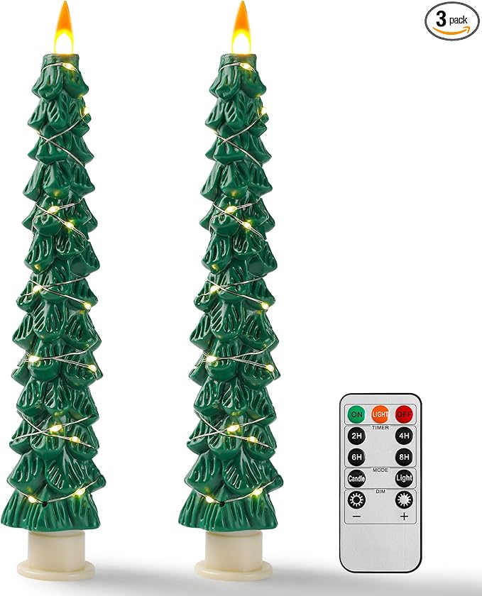 Christmas Tree Candles Surrounded by Fairy Lights, LED flameless Candle Lights with Remote Control Timing Function. Green