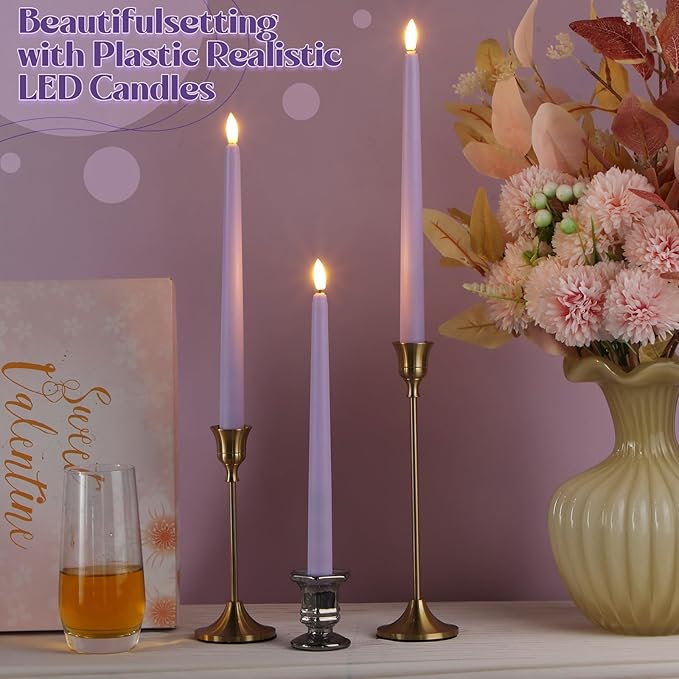 Macarrie 24 Packs Flameless Taper Candles Battery Operated Fake 11 Inch Long Candlelight LED Flameless Candlesticks Flickering Tapered for Spring Summer Wedding(Lavender Purple)