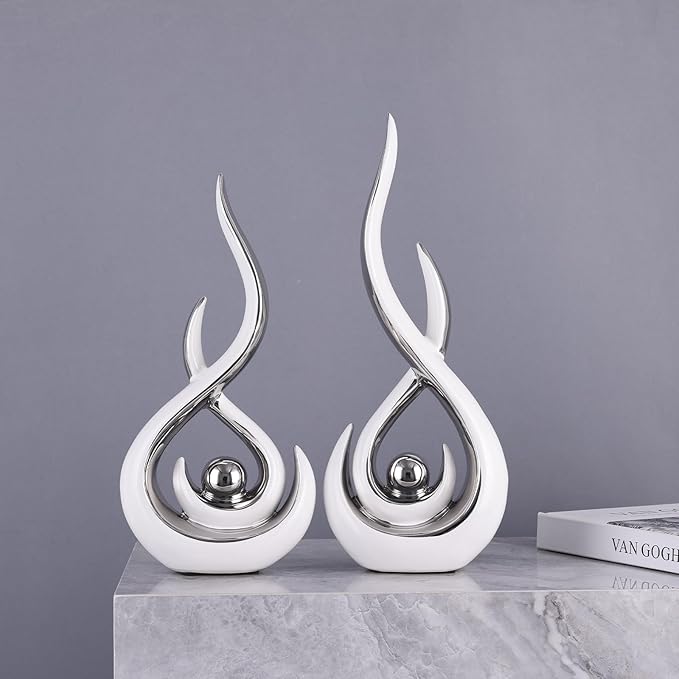 2PCS Abstract Art Ceramic Sculptures, Modern Decor Figurines for Living Room Decorative Objects, Sculptures Home Decor Set for Table, TV Stand, Entryway, Bookshelf Display (White Silver)