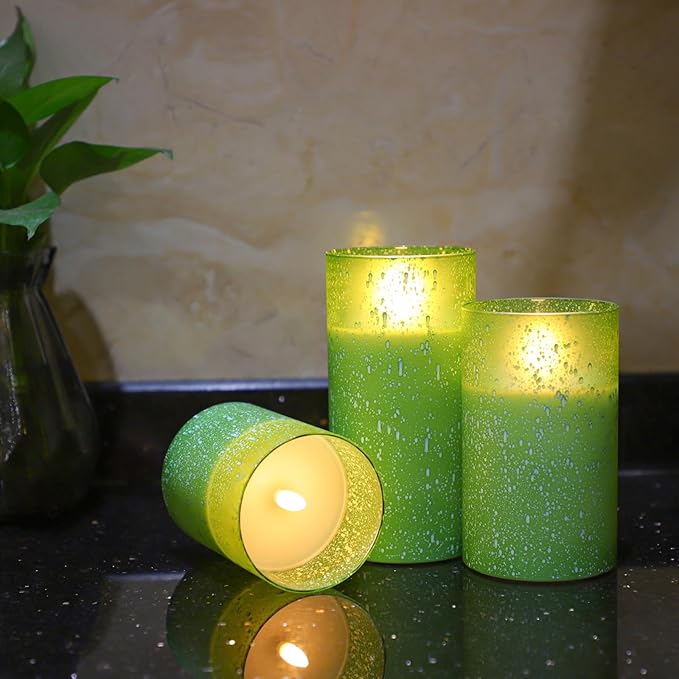 Mingfuxin Green Flameless Candles with Remote – Battery Operated LED Flickering Pillar Candles with Timer for Safe Home Decor – Ideal for Family with Kids and Pets