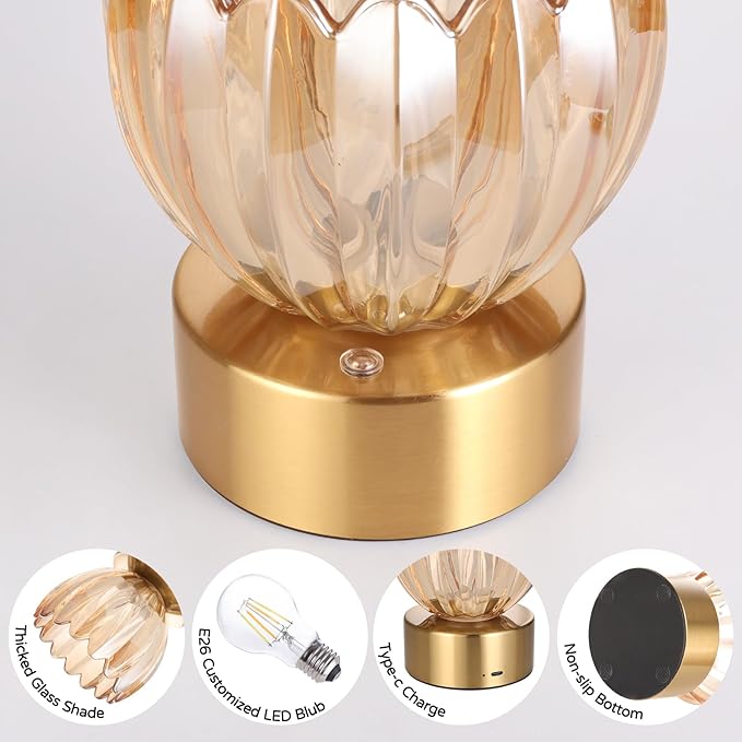 Cordless Small Table Lamp with 5200mAh Battery & Touch Control, Battery Operated Tulip Table Lamp with 3 Colors, Rechargeable Mini Table Lamps for Bedsides, Bedroom, Nightstand (Amber)