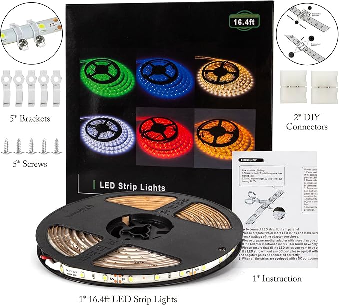 Water-Resistance IP65, 12V Waterproof Flexible LED Strip Light, 16.4ft/5m Cuttable LED Light Strips, 300 Units 3528 LEDs Lighting String, LED Tape(Warm White), Power Adapter not Included
