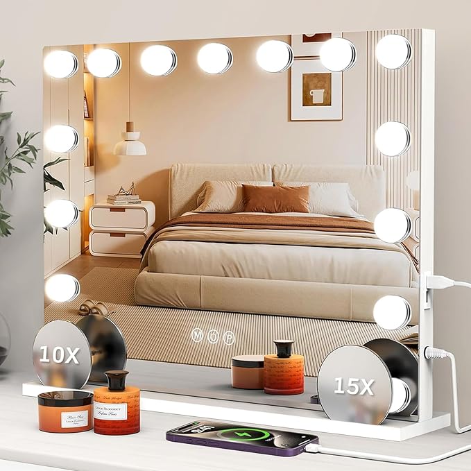 VESAUR Hollywood Vanity Mirror with 10X/15X Magnification and Lights, USB/Type-C Port Makeup Mirror with 15 Dimmable LED Bulbs, 3 Color Modes, Tabletop & Wall Mount for Bedroom, Aluminum（23"x18"）