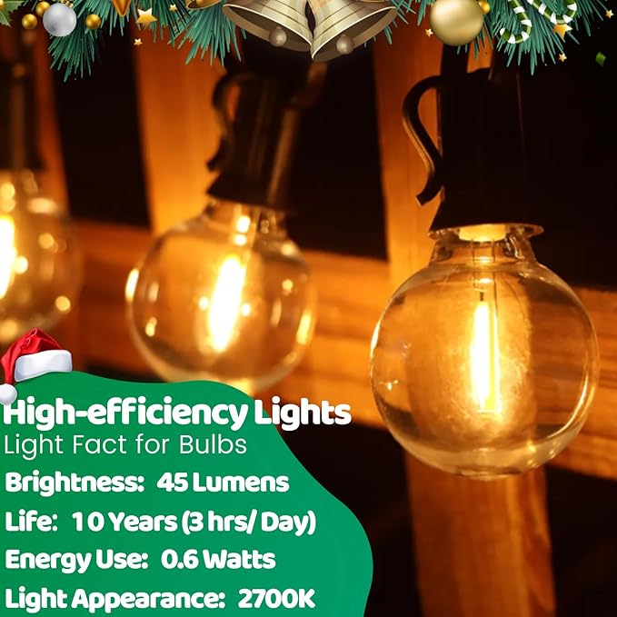 10FT LED Outdoor String Lights - Waterproof Patio Lights Shatterproof G40 Edison Globe Bulb, Connectable Hanging Outdoor String Lighting for Indoor Backyard Yard Gazebo Porch Party Decor - SOLROS