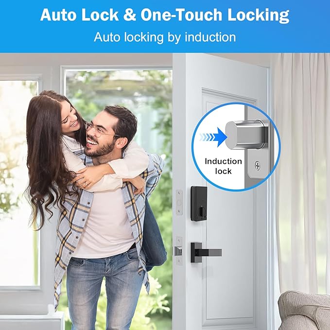 Smart Door Lock Keyless Entry with Handles TTLock APP Fingerprint Touchscreen Keypad IC Card Key Type-C Charging Unlocking 6 in 1 Electric Biometric Digital Deadbolt for Front Doors Apartment