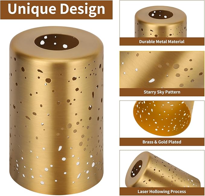 4 Pack Pendant Light Shades, Laser Starry Sky Design Cylinder Metal Lampshades with Electroplated Antique Brass Exterior Gold Interior, Lamp Shades 1-5/8 Inch Fitter, 3.5"Diameter x 5.5"Height