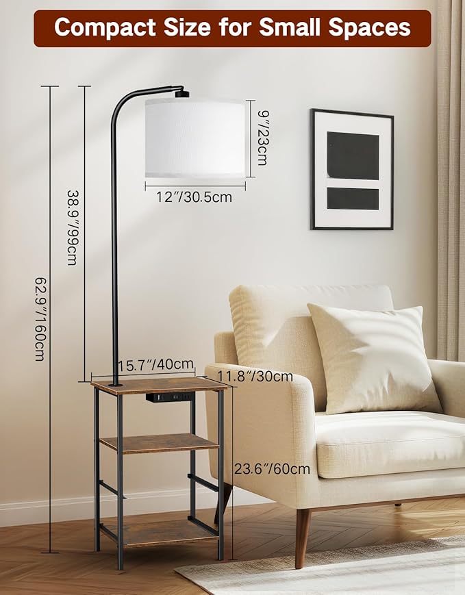 Floor Lamp with Table, 2 Drawers & Remote, Side End Table with Charging Station, Dimmable Nightstand with 3 Color Temperature, 1-Hour Timer, 12W LED Bulb, for Living Room, Bedroom