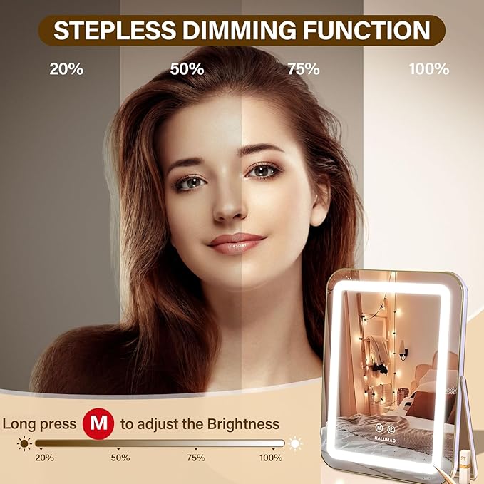 Vanity Mirror with Lights, 14.5" Light Up Makeup Mirror, LED Makeup Mirror with Lights for Bedroom Tabletop, Smart Touch Control 3 Colors Dimmable, 360° Rotation