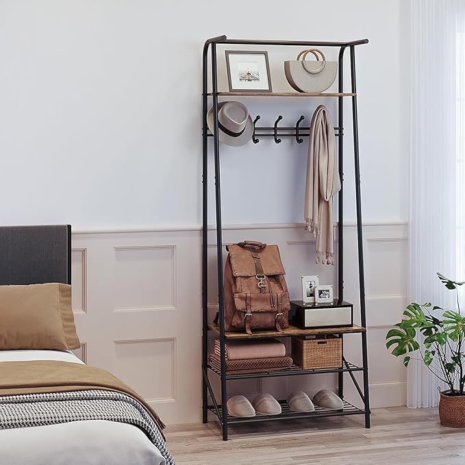 Hall Tree, Entryway Hall Tree with Shoe Rack, Coat Rack with Shoe Rack and Hooks, 25” Freestanding Metal Entryway Organizer with 4-Tier Storage Shelves for Hallway, Bathroom, Small Spaces