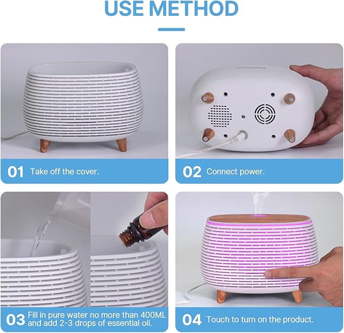 Essential Oil Diffuser, 400ml Aromatherapy Diffuser, Ultrasonic Diffusers for Essential Oils, Cool Mist Humidifier with 7 LED Color Changing Light and Auto-Off Safety, for Office Home