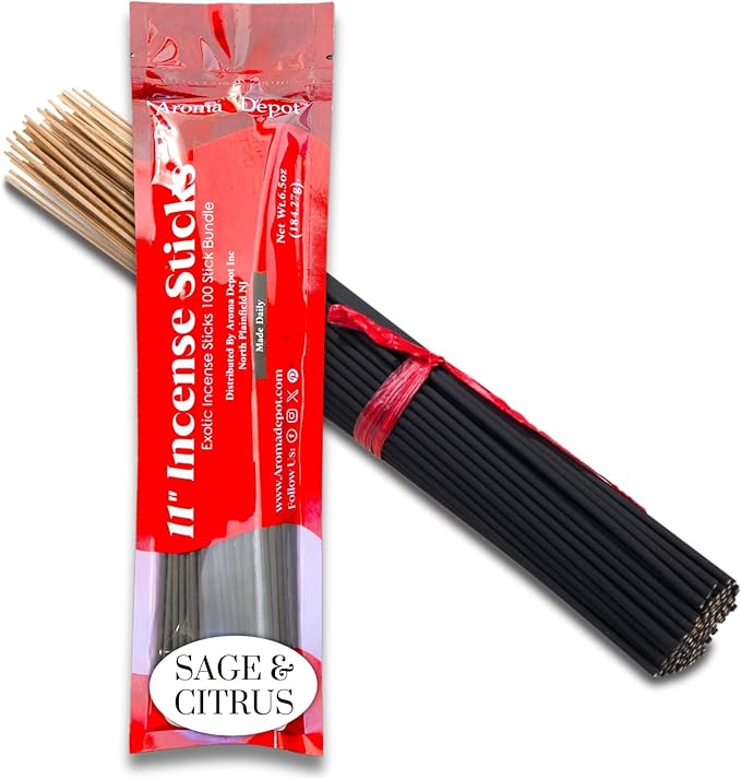 Aroma Depot Sage & Citrus Exotic 11'' Incense Sticks. Approx. 85 to 100 Sticks Per Bundle, Each Natural Stick Burns for 45 mins to 1 Hour Each. Long Lasting. Guarantee 100% Pure