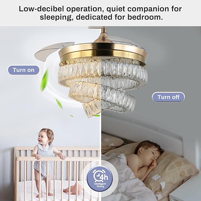 Finktonglan 42'' Dimmable Chandeliers Fan, Crystal Ceiling Fan with Lights with APP & Remote Control, Gold Fandelier Ceiling Fan, 3 Color Change, 6 Speed Reversible Fandeliers, Circulating Air