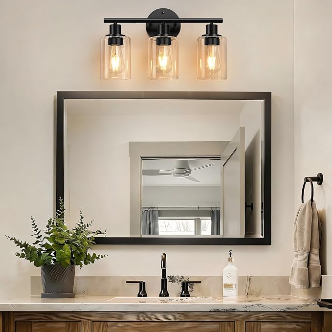 3-Light Bathroom Light Fixtures, Black Modern Vanity Lights with Amber Glass Shades, Bathroom Wall Lamp for Mirror Kitchen Living Room Hallway Cabinet Porch