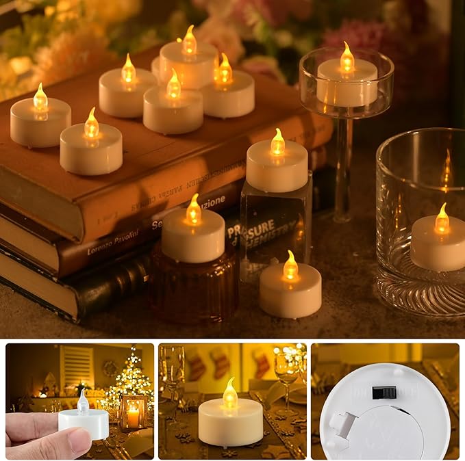 JOSU 12Pcs Flickering Flameless Led Tea Lights Candles Battery Operated, 200+ Hours Fake Electric Candles with Remote Timer, Warmer Lamp White Candlesticks for Home Wedding Party Decor