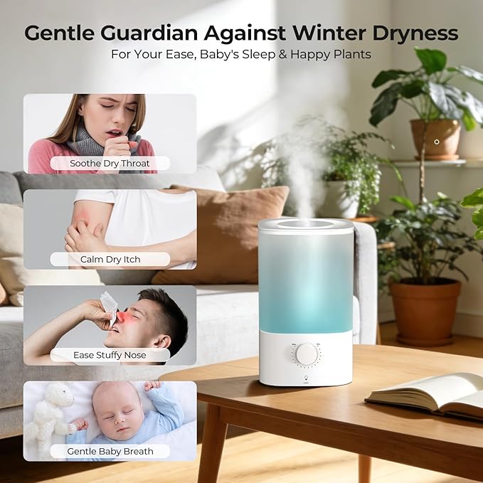 Top-Fill Cool Mist Bedroom Humidifier for Plants & Baby Nursery, 3.2L Large Capacity for up to 40H Runtime, Ultra Quiet <28dB, 3 IN 1, 5μm Fine Mist, BPA-Free for Living Room, Desk, Office