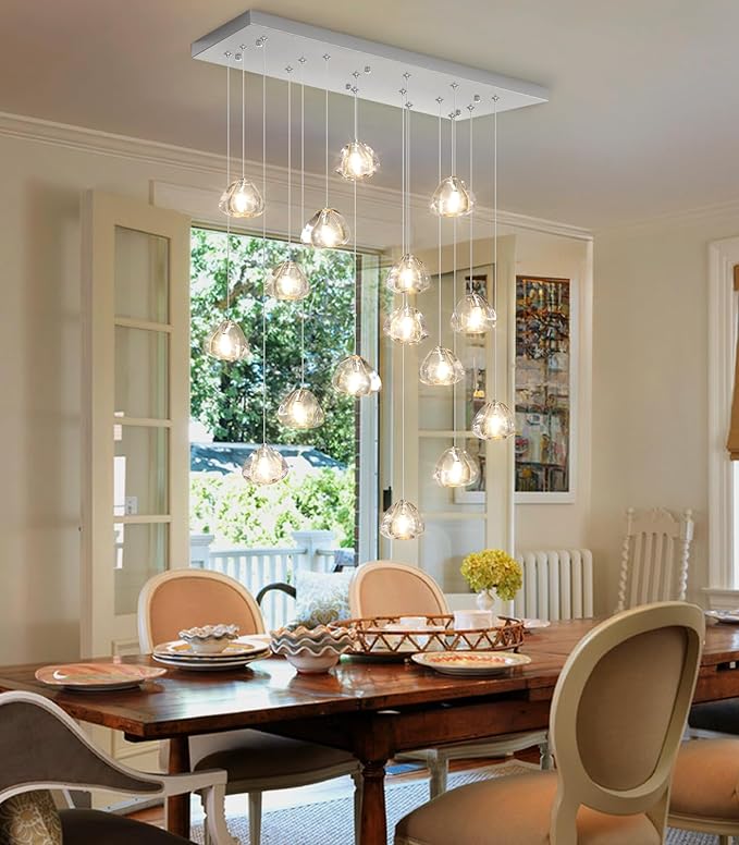 Brushed Nickel Rectangular Chandeliers for Living Dining Room Light Dimmable High Ceiling Pendant Lights Fixtures Lighting Chandelier for Foyer Entryway Lighting