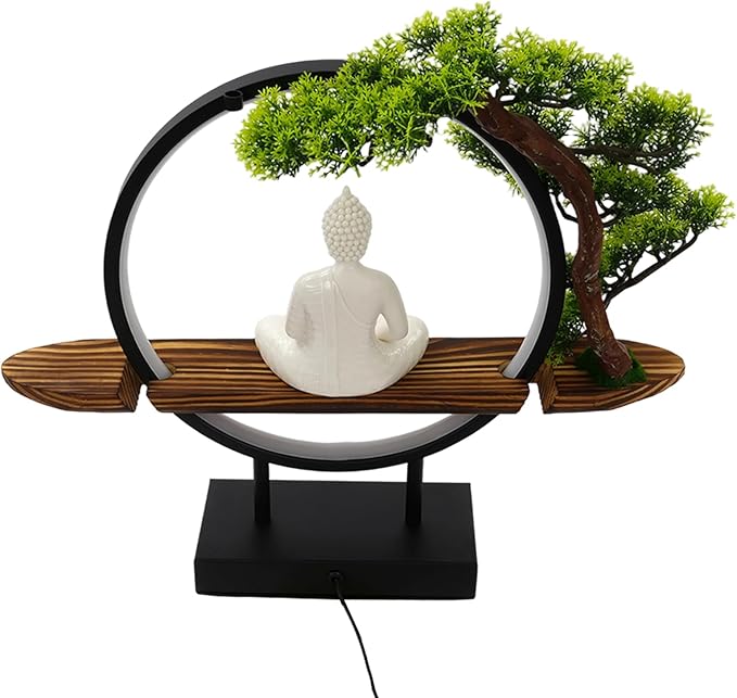 Buddha Statue Lamp with LED Light, 16.5in Zen Decor for Office Desk, Mindfulness Gift for Meditation Space, Indoor Home Decor Figurine with Artificial Tree